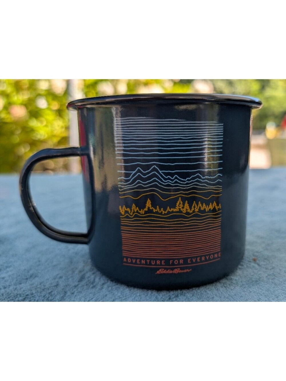 Eddie Bauer 24 oz Enamel Camp Mug Adventure Mountains Navy White Dishwasher Safe